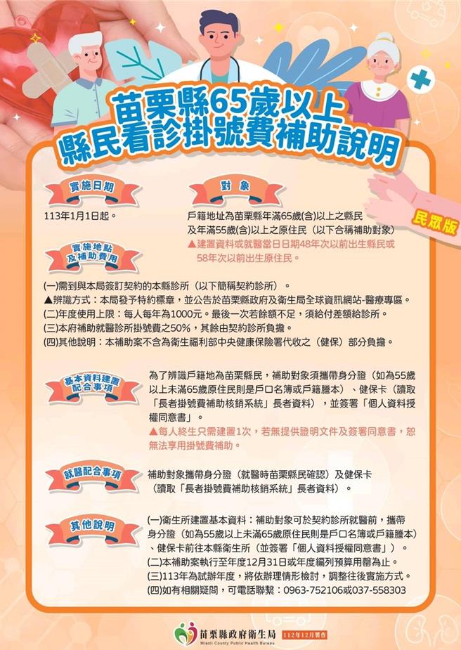 苗栗县65岁以上长者就医免挂号费明年元日起实施。（苗栗县政府提供／谢明俊苗栗传真）