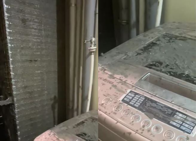 有女子住家旁正在盖房子，因为靠得太近，导致她家阳台下起了「泥浆雨」。（图／翻摄自脸书爆料公社二社）