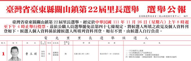 原關山鎮電光里長曹玉璞。（摘自選舉公報／蔡旻妤台東傳真）