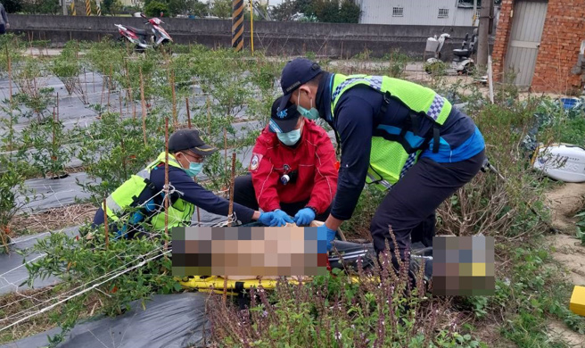 苗栗县苑里镇1名73岁李姓男子突然在菜园中昏倒，消防人员获报抵达时已失去生命迹象，紧急将他送医急救。（图／民眾提供）