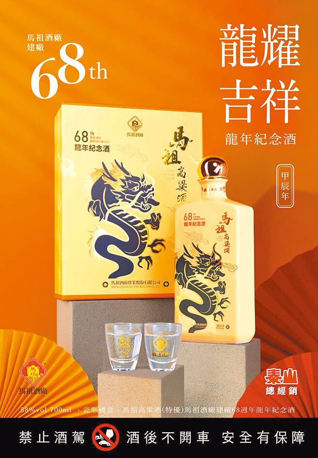 馬祖酒廠龍年生肖酒，瓷瓶款2180元。（馬祖酒廠提供）飲酒過量有害健康