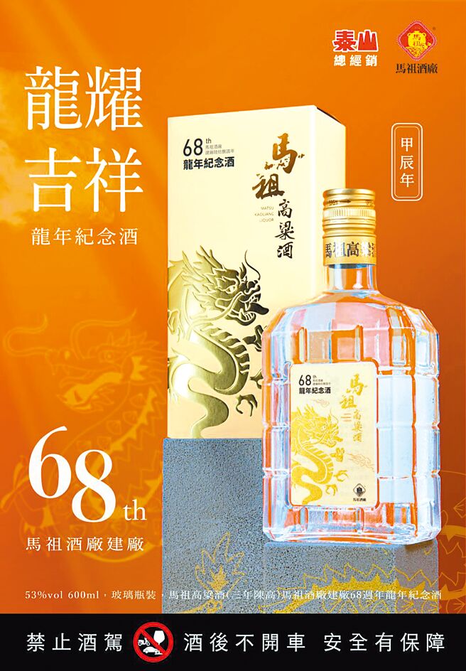 馬祖酒廠龍年生肖酒，玻璃瓶款888元。（馬祖酒廠提供）飲酒過量有害健康