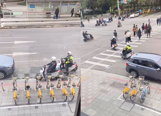 有輛休旅車違停在交岔路口10公尺內紅線上，2巡邏警靠近「看一看」便逆向離開，此舉也讓網友炸鍋了。（圖／翻攝自臉書爆料公社二社）