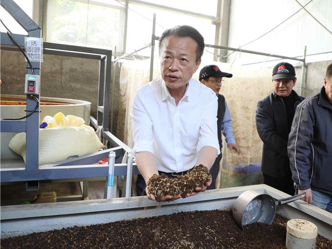 嘉義縣長翁章梁手捧黑水虻了解黑水虻自動處理設施運作，也給在地自主處理廚餘予以肯定。（呂妍庭攝）
