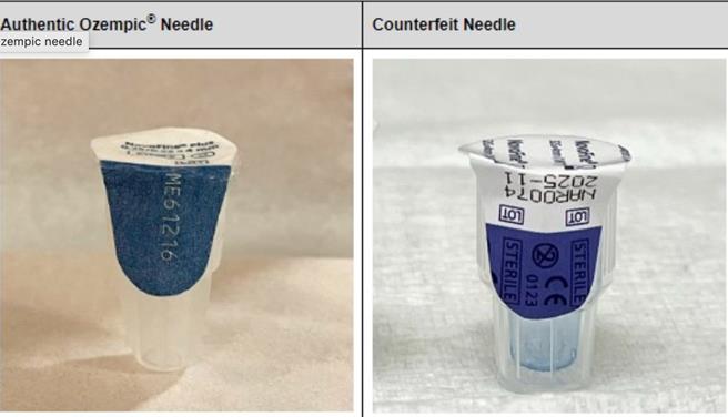 美国食品药物管理局12月21日公告查获数千单位假冒的瘦瘦笔Ozempic。左右图分别为瘦瘦笔Ozempic正品、假货。图：截取自美国食品药物管理局网页