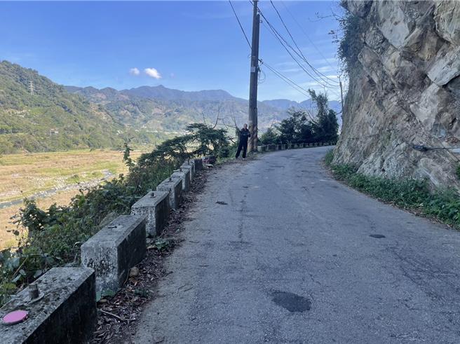 立委候選人謝志忠宣傳車25日上午11時許在新社沿街宣傳時，不慎跌落美林路邊坡。（民眾提供）