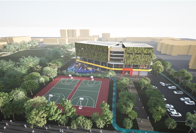 台南市政府获教育部体育署补助1亿元，加上1亿元自筹款，在新营区南瀛绿都心公园景观湖畔旁兴建全民运动馆。（台南市政府提供／张毓翎台南传真）