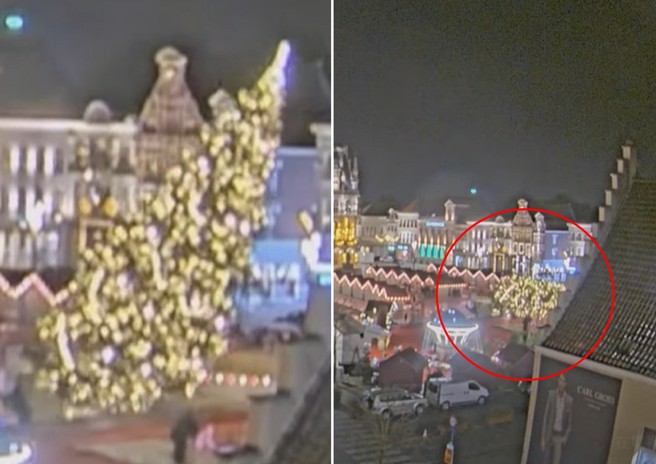 20公尺高的巨型聖誕樹，疑似受不了強風吹襲，突然傾倒壓死一名婦人。（圖／翻攝自X）