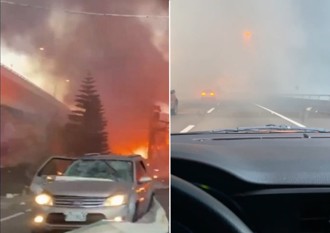 休旅車遭轟擊！工廠大火鐵片炸飛砸車 國道白晝如夜景象駭人