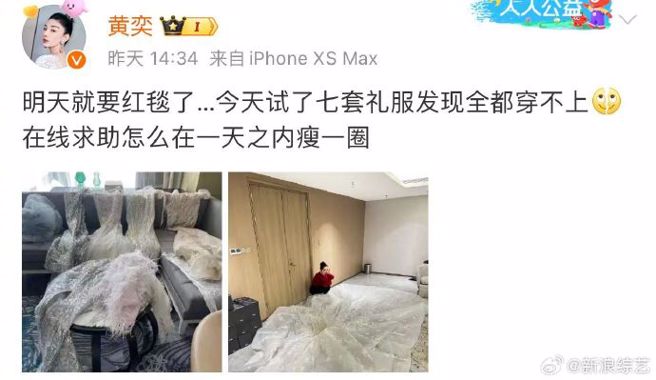 黄奕因礼服不合身，发文求助网友。（图／黄奕微博）