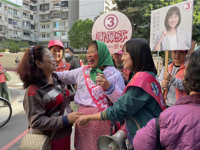 民進黨台北市中山、北松山立委候選人謝佩芬今與「歡喜婆婆」歐怡伶到長春市場掃街、拜票。（蔡佩珈攝）