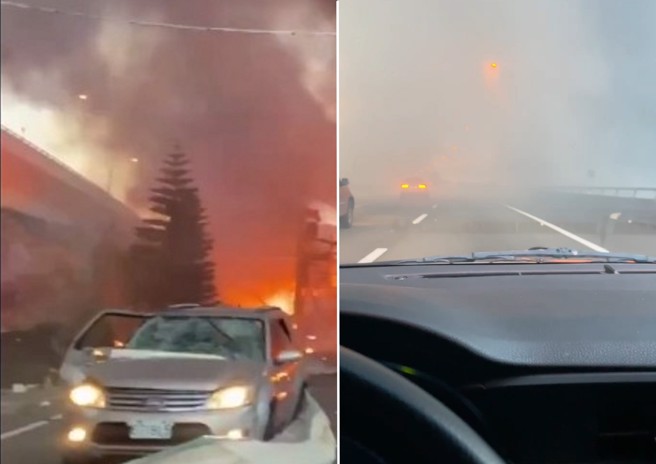 路過工廠門口的休旅車，慘遭爆炸波及。（翻攝畫面）