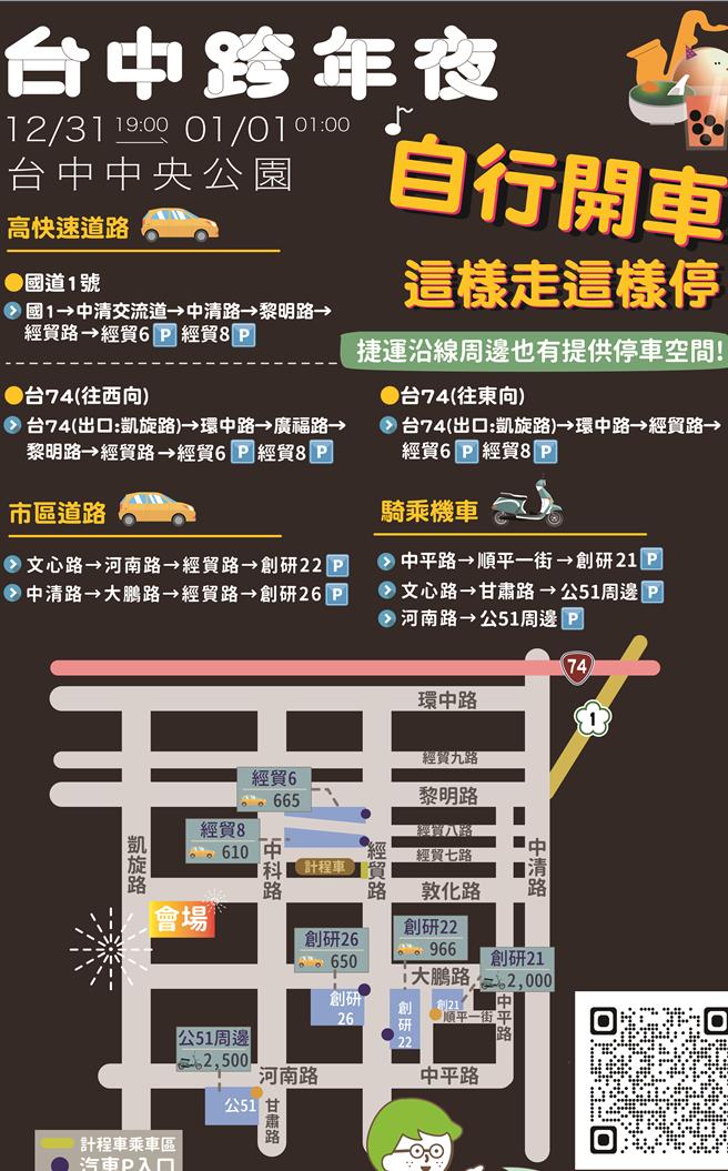 配合台中市政府将于12月31日晚间在水湳中央公园举办「2024幸福龙来─台中跨年夜」晚会，交通局呼吁民眾多搭乘大眾运输工具前往会场，并规画人行通廊及相关人车引导措施。（台中市府提供／林欣仪台中传真）