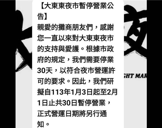台南市大东东夜市停业公告。（读者提供／洪荣志台南传真）