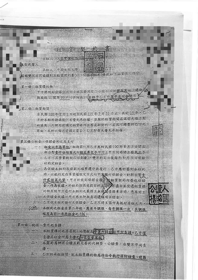 民进党公布开侯友宜「凯旋苑」民国100年又昱公司与文化大学原长达15年的不平等合约，证实侯友宜当年如何坑杀压榨学生。民进党提供