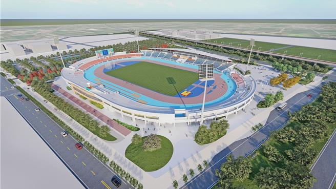 将具有国际赛事等级水准的虎尾高铁运动园区田径场包含暖身场，预算为14.2亿元，开挖地下停车场的费用还要再上修增加4亿多元，图为设计图。（云林县政府提供）