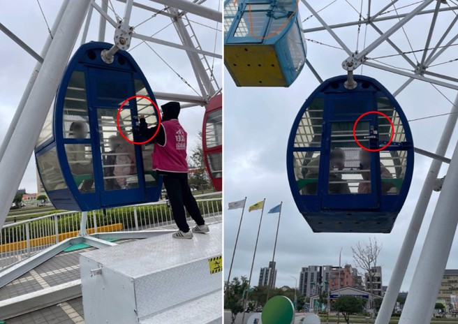 這名媽媽原本開心的拍照，意外拍到包廂門栓無法上鎖的狀況。（翻攝爆料公社）