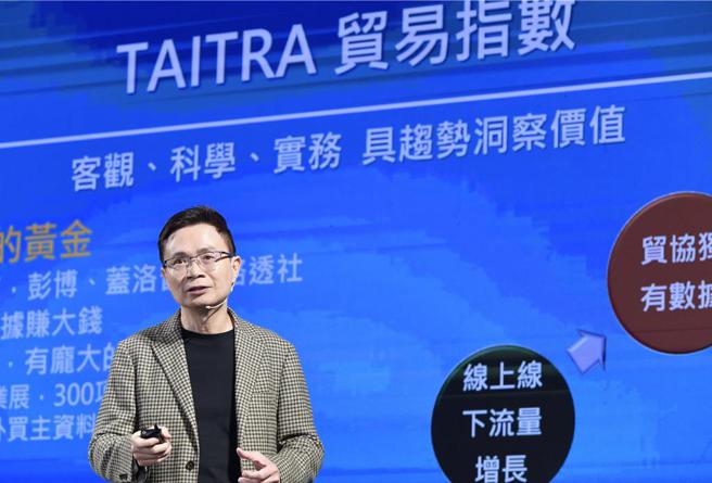 貿協黃志芳指2024年仍充滿高度不確定，將射四箭包括AI為首推出貿易指數 。（王德為攝）