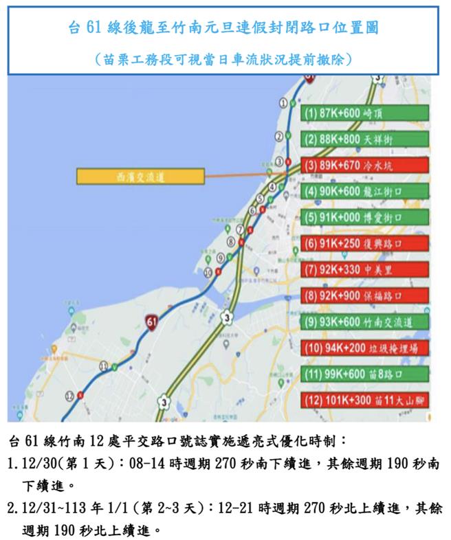 苗栗县警局元旦连假交通疏导措施。（苗栗县警局提供／谢明俊苗栗传真）