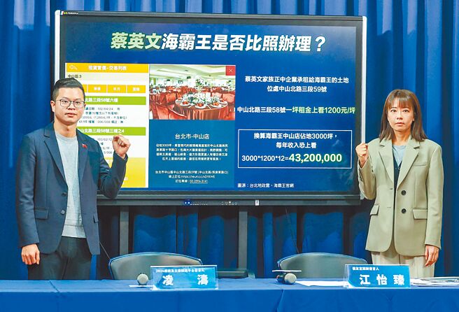 針對國民黨總統候選人侯友宜身陷家族凱旋苑爭議，侯辦發言人江怡臻（右）、國民黨2024競選發言人凌濤（左）28日再次強調凱旋苑一切合法，並呼籲蔡英文總統家族出租給海霸王的租金也應捐出做公益。（粘耿豪攝）