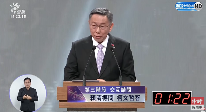 柯文哲在今天辩论会，火力对准赖清德。（图翻摄中时新闻网YT）