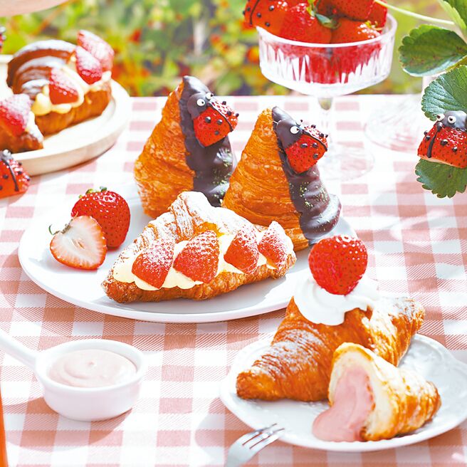 「田园时光」吃得到首度亮相的「瓢虫美莓可颂」和「草莓宝石可颂」，与年销冠军「草莓卡士达」。（八月堂提供）