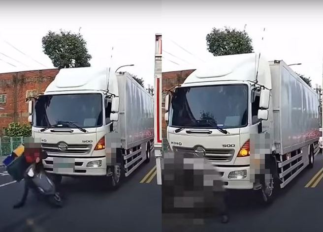 有名骑士疑似未注意交通状况，竟然直接从大货车右方钻出，并且要左转，下秒惨遭大货车撞倒。（ 图／ 翻摄自「WoWtchout-地图型行车影像分享平台」）