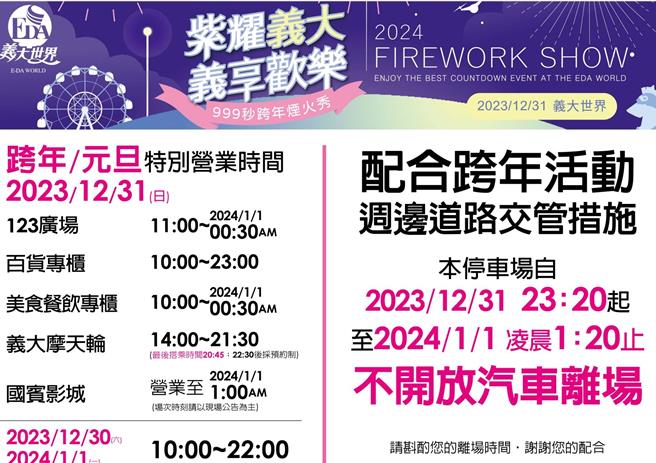 义大世界表示：「跨年烟火每年吸引数万人潮，周边道路将实施三阶段交通管制，请自驾的民眾特别留意。（义大世界提供／林雅惠高雄传真）