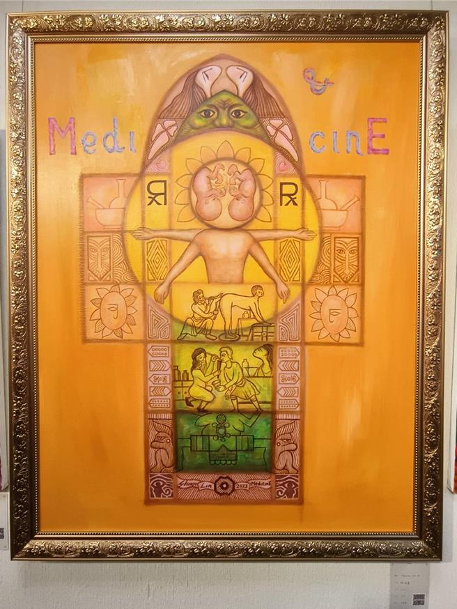 林信义医师以当年为北医校刊封面的画图为蓝本，创作油画作品。（廖素慧摄）