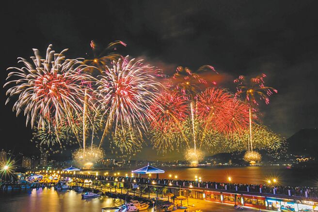 新北市政府舉辦「閃耀新北-圈起1314跨河煙火」系列活動31日晚間將在淡水、八里兩岸熱鬧登場，煙火將於20時24分在淡江大橋施放。圖為往年的跨河煙火照。（新北市文化局提供／陳慰慈新北傳真）