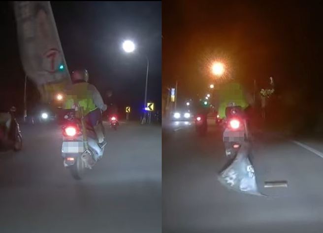 有名骑士看到一旁机车绑着候选人的旗帜，没想到在起步不久后，旗帜竟「震断喷飞」，喷出来的残枝还差点害死他。（图／翻摄自脸书爆料公社公开版）