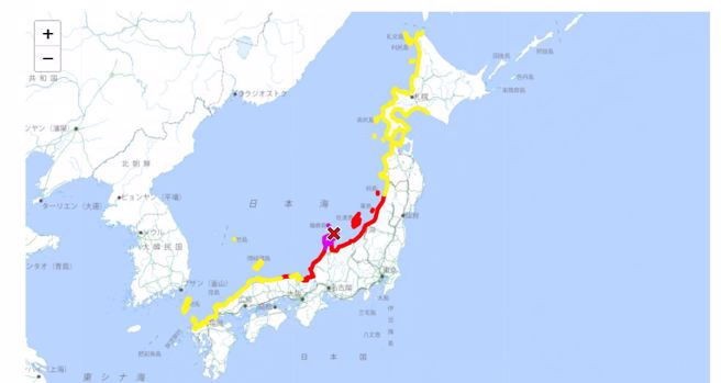 日本中部石川縣1日下午發生規模7.6強震，當局發布海嘯警報，預估海嘯達3-5公尺。（圖／擷取自日本氣象廳）
