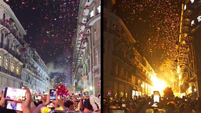 民眾在昨天晚上倒数结束，施放大量气球来迎接新年，没想到气球疑似接触高压电引发爆炸。（图／翻摄自大象新闻）