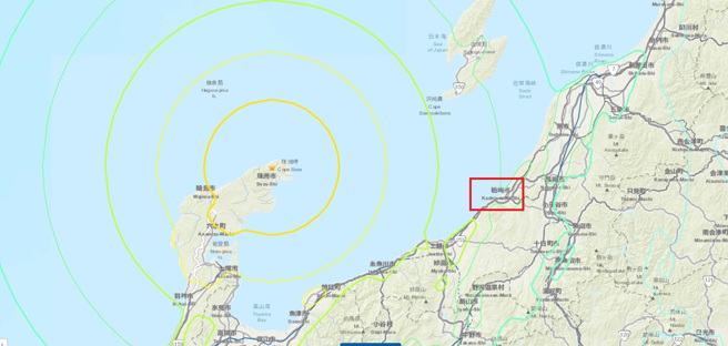 日本石川县大地震，震央在能登半岛，柏崎市也在受影响范围，所幸海边仅观察到40公分的长浪。(图/USGS)