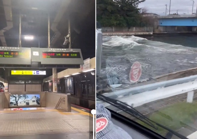 地铁告示牌摇晃到断电，河道出现水流倒灌。（图／翻摄X）