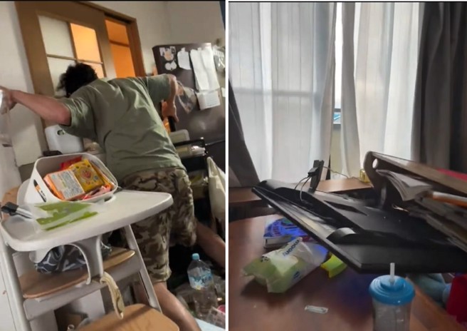 孕妇与老公在家，被地震摇到家具全倒，根本无法逃生。（图／翻摄X）