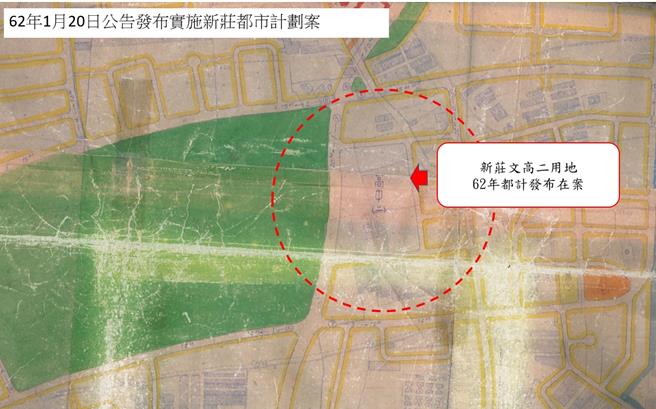 新北市城鄉局出示1973年新莊都市計畫圖，顯示剛文高用地當年即已畫設。（新北市城鄉局提供／呂健豪新北傳真）