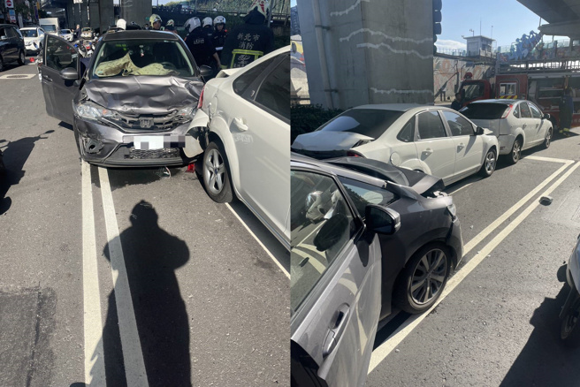 新北市三重區福德南路與福和街交叉口，4輛小客車不明原因追撞。（翻攝畫面）