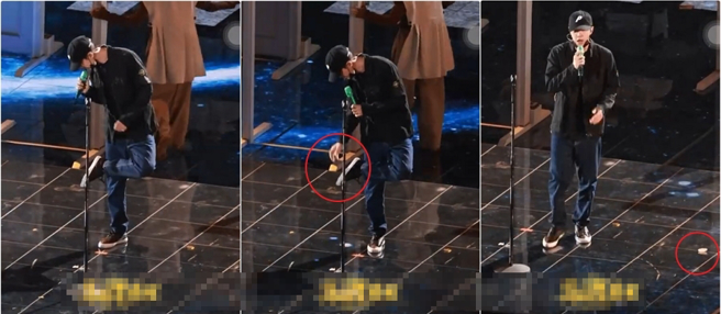 王一博在舞台上彩排踩到胸贴画面引起热烈讨论。（图／摘自微博）