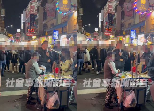 台中一中街有位卖糖葫芦阿婆违规摆摊，被1名男子持麦克风大声劝离，立刻引起民眾围观。（图／翻摄自社会事新闻影音）
