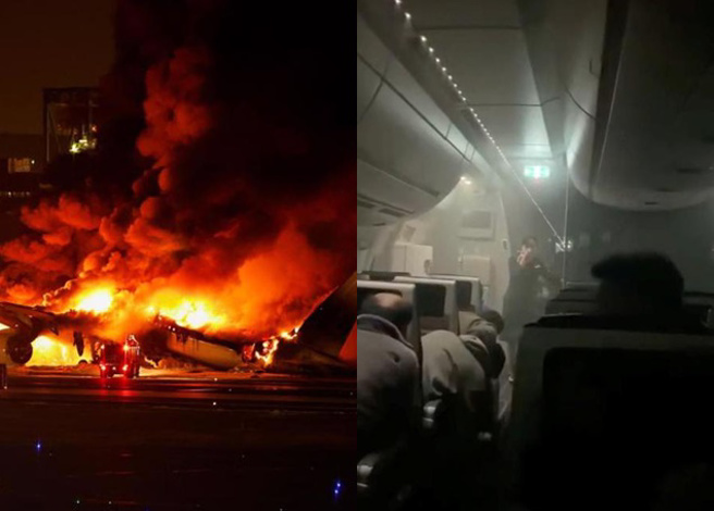 日本羽田机场1架A350客机于跑道上起火，机上共有367名乘客，包含8名幼童、12机组人员，379名全数撤离。（路透 ）