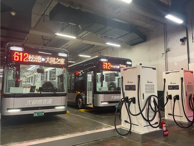 台北市松德調度站於3日啟用，為全國首座電動公車充電場站，大都會客運也引進15輛Model T電動公車，將投入612和277路線。（劉彥宜攝）
