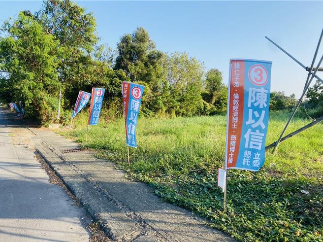 民进党议员陈皇宇指陈以信违规插竞选旗帜，陈以信则回应，是支持者自发性插旗，会提醒支持者移除。（陈皇宇提供／曹婷婷台南传真）