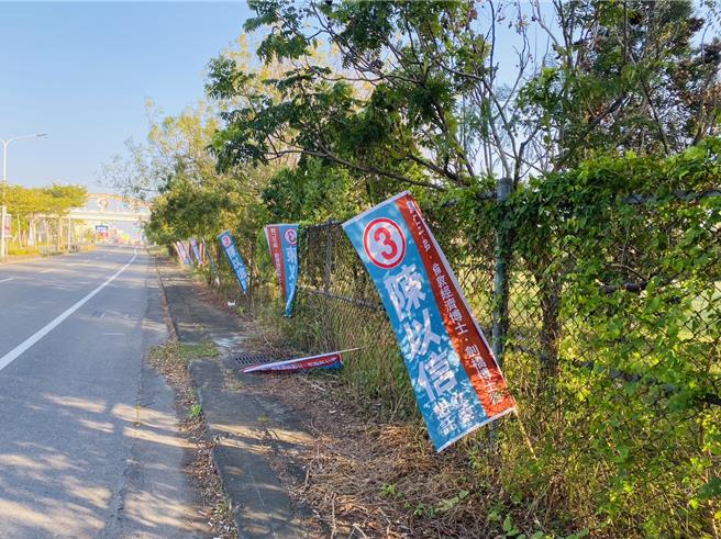 民进党议员陈皇宇指陈以信违规插竞选旗帜，陈以信则回应，是支持者自发性插旗，会提醒支持者移除。（陈皇宇提供／曹婷婷台南传真）