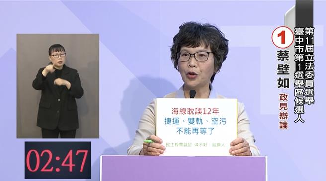 中一選區立委候選人民眾黨蔡壁如抨擊現任立委10幾年沒作為、要求「舊蔡換新蔡」。(林欣儀翻攝)