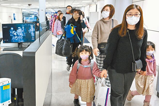 因呼吸道疾病疫情上升，3日起于桃园机场定点提供家用快筛。图为桃机入境旅客通过发烧筛检站。（陈麒全摄）