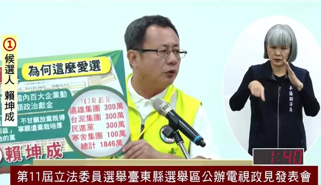 民進黨台東區域立委候選人賴坤成。（摘自第11屆立法委員選舉台東縣選舉區公辦電視政見發表會／蔡旻妤台東傳真）
