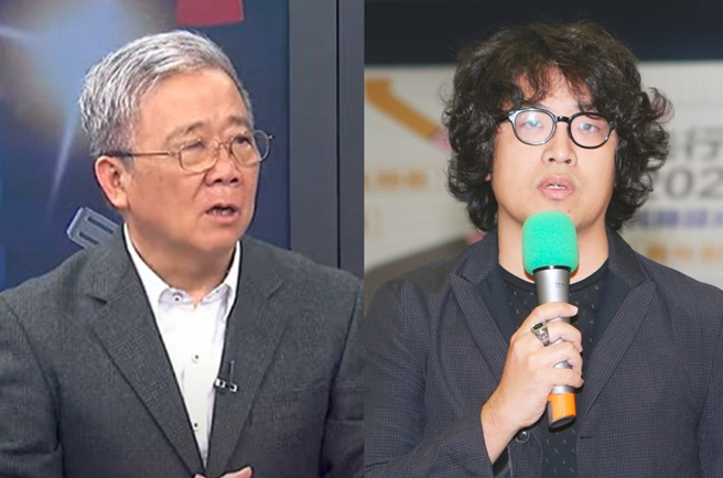 栗正杰(左)强调黑熊学院只会打漆弹，直接向院长沈伯洋(右)下辩论战帖。（合成图／取自《中天辣晚报》、资料照）