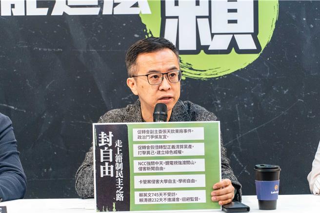 國民黨總統候選人侯友宜競選辦公室5日舉行「封住民主，賴神最狂！民進黨『封』神榜及競選影片發布」記者會，競辦發言人黃子哲批評，民進黨完全執政，卻濫用權力，封民意、封公平正義、封自由，甚至動用網軍側翼出征異己，根本是狂「封」暴「語」。（侯友宜競選辦公室提供／陳薏云台北傳真）