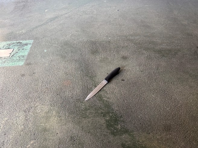 谢男情绪激动，竟从怀里掏出一把水果刀，社区保全见状立即将刀拍落，并将谢嫌压制在地。（图／警方提供）